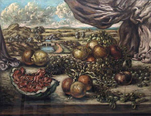 Giorgio De Chirico, 'Frutta con sfondo di paese' (1955-1956)